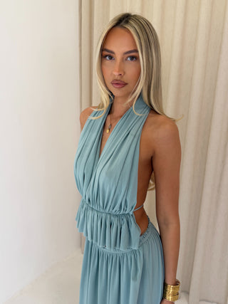 LUCCIA Back Detail Top & Maxi Skirt Co-Ord in Aqua Blue