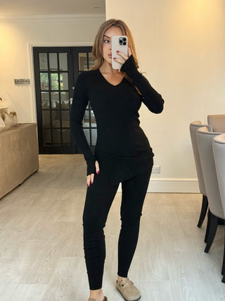 FREYA Long Sleeved V Neck Ribbed Top & Legging Co-Ord In Black