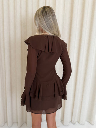 PALMA Ruffle Chiffon Mini Dress in Cocoa Brown - PRE ORDER