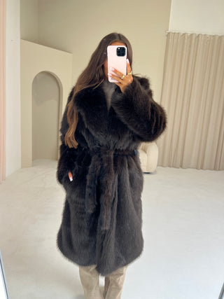 TEDDY Faux Fur Long Sleeved Tie Belt Coat In Chocolate