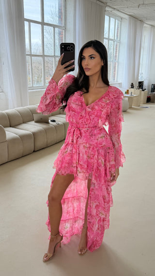 OPHELIA Chiffon Ruffle Maxi Dress in Pink