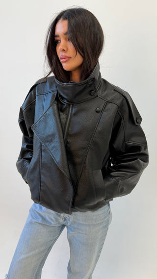 IMANI Oversized PU Leather Funnel Neck Jacket In Black