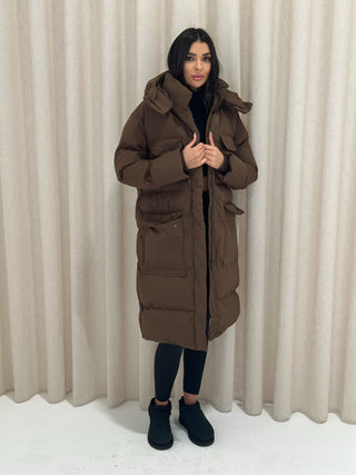 LEILA Hooded Duvet Coat in Chocolate