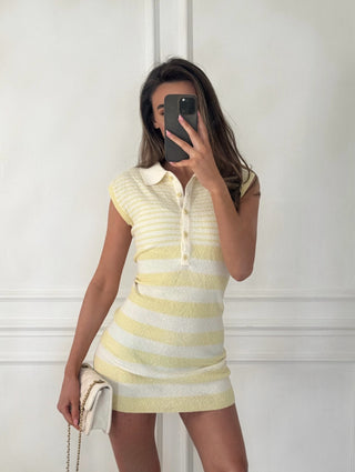 PAMELA Striped Towelling Collared Mini Dress In Lemon