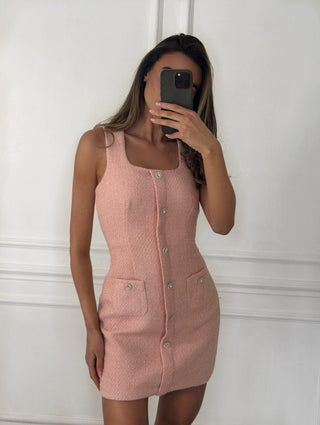 AUDREY Tweed Tailored Sqaure Neck Mini Dress In Baby Pink