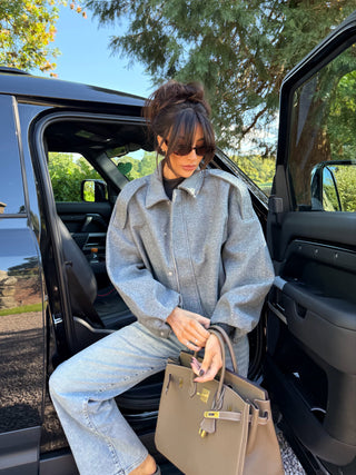 BONNIE Wool Look Long Sleeved Zip Up Bomber Jacket In Grey