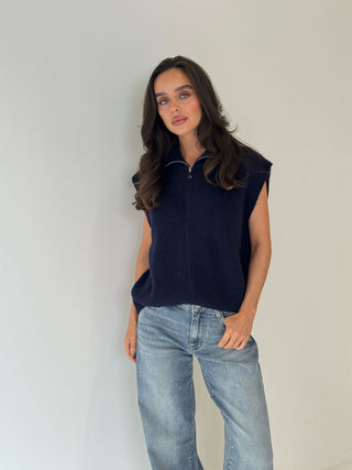 GRACE Sleeveless Zip Up Knitted Collar Gilet In Navy