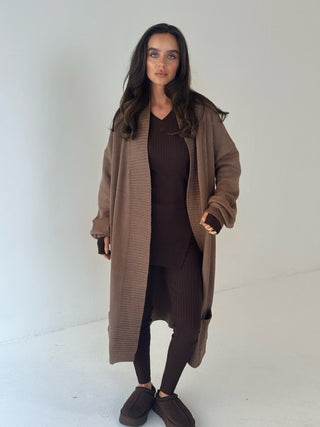 WILLOW Longline Pocket Open Cardigan In Truffle
