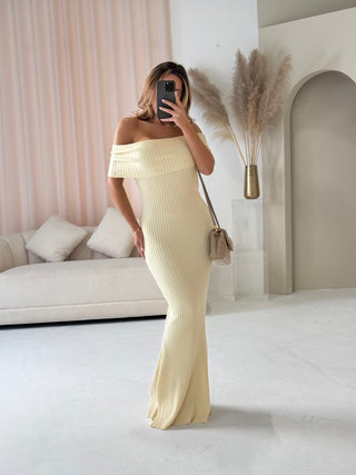 ARIA Bardot Knit Ribbed Maxi Dress In Vanilla