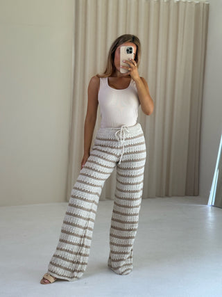 CERYS High Waisted Crochet Knitted Striped Trousers In Beige