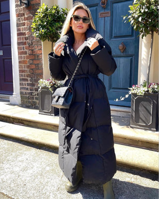 ALPINE Long Padded Tie Waist Duvet Coat In Black