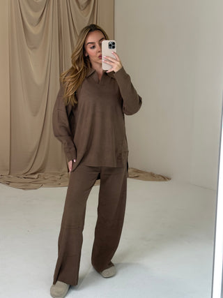 FAWN Knitted Long Sleeve Collared Jumper & Wide Leg Trouser Set In Truffle
