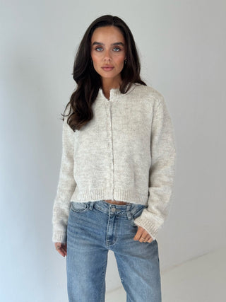 CERYS Knitted Long Sleeved Button Up Cardigan In Oatmeal