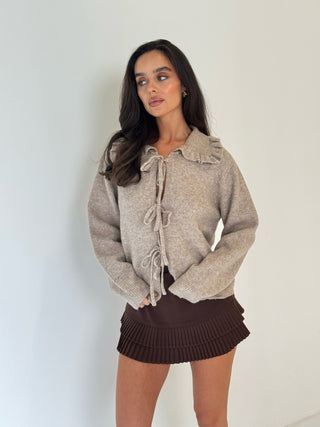 AUBREY Long Sleeved Tie Up Frill Collared Cardigan In Taupe
