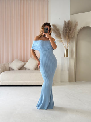 ARIA Bardot Knit Ribbed Maxi Dress In Blue