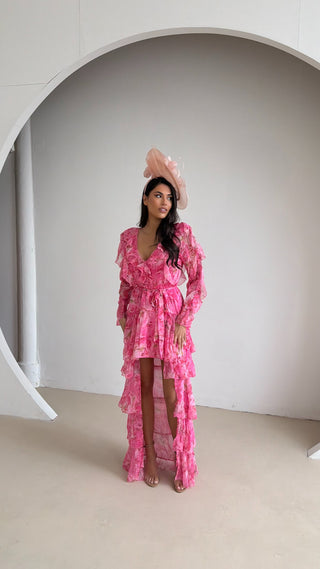 OPHELIA Chiffon Ruffle Maxi Dress in Pink