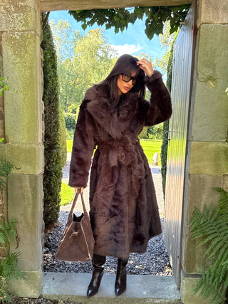 FALLON Longline Faux Fur Coat with Belt in Chocolate