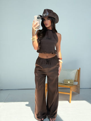PRE ORDER SHIPS 2-3 WEEKS ROMA Satin Halterneck Backless Top & Trouser Co-Ord In Coco
