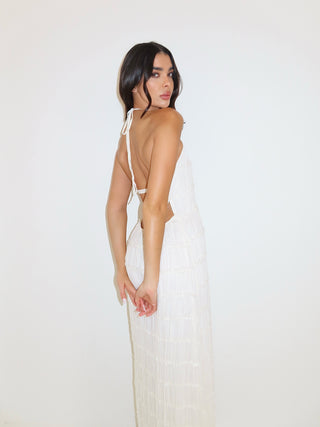 CAPRICE Chiffon Halterneck Tie Back Ruffle Maxi Dress In Beige