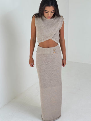 ATHENA Knitted Maxi Skirt & Overlap Top Co-Ord In Mocha