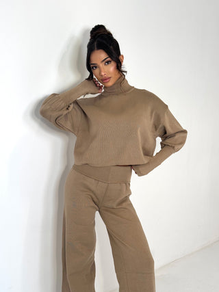 MARLIE Knitted High Neck Jumper and Wide Leg Trouser Lounge Set In Taupe