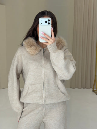 TEDDY Faux Fur Hooded Zip Up Top & Wide Leg Lounge Set In Biscuit