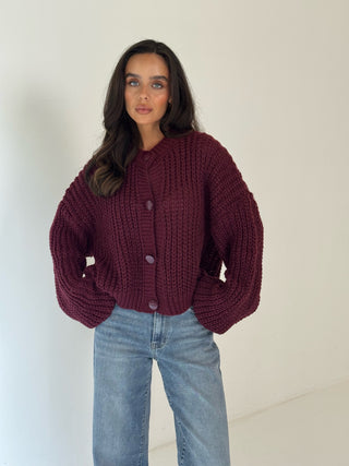 LIBBIE Knitted Balloon Sleeve Button Up Cardigan In Burgundy