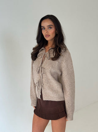 AUBREY Long Sleeved Tie Up Frill Collared Cardigan In Taupe