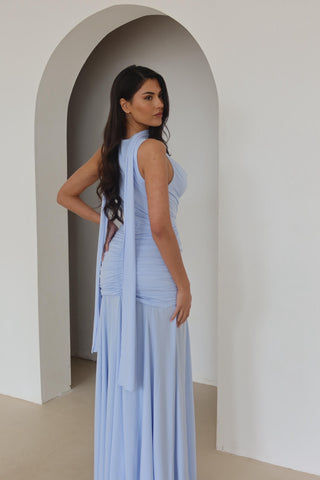 CORDELIA Ruched Drape Scarf Maxi Dress In Powder Blue