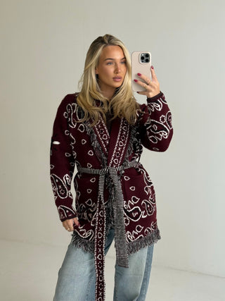 ARIA Aztec Long Sleeved Frill Trim Belted Cardigan In Burgundy