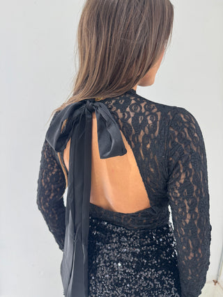 IVY Long Sleeved Lace Backless Bow Detail Bodysuit In Black