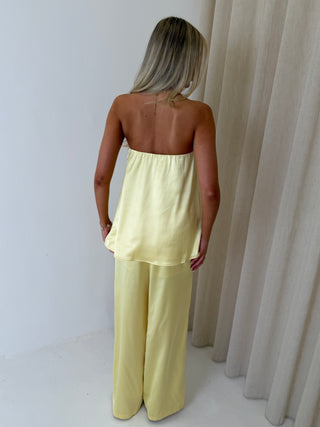 SEREN Satin Bandeau Top & Wide Leg Trousers Co-Ord In Lemon