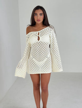 SIENNA Long Sleeved Crochet Beach Mini Dress In Beige