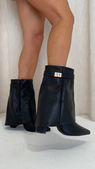LUCIENE Faux Leather Lock Detail Short Fold Over Boots In Black