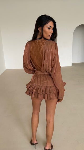 AMAYA Lace Panel Tie Waist Blouse & Bloomer Co-Ord In Bronze