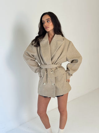 PRE ORDER SHIPS 29.10 Caramella ODETTE Micro Herringbone Tweed Long Sleeved Tailored Jacket & Scarf In Biscuit