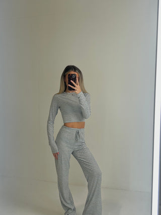 MINNIE Long Sleeved Striped Top & Wide Leg Lounge Set In Grey