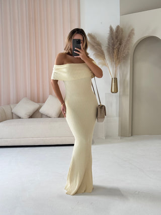 ARIA Bardot Knit Ribbed Maxi Dress In Vanilla