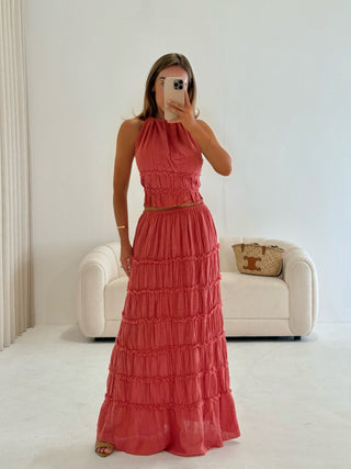 PRE ORDER SHIPS IN 1-2 WEEKS BELLA Cheesecloth Open Back Ruffle Halterneck Top & Maxi Skirt Co-Ord In Coral Red