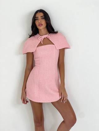 Caramella PENELOPE Structured Tweed Strapless Mini Dress & Cape In Candy Pink