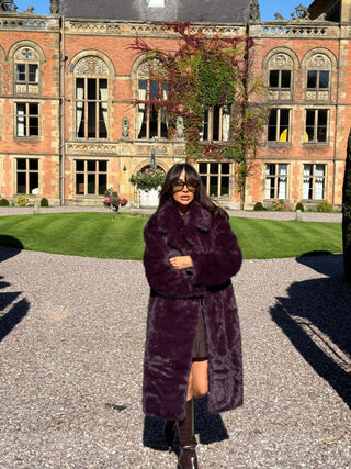 AUBREY Long Faux Fur Long Sleeved Collared Coat In Plum