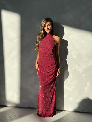 LUCIENNE Diamanté Halterneck Backless Maxi Dress In Burgundy
