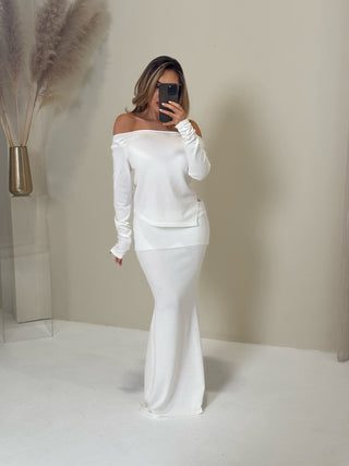 PETRA Long Sleeved Knitted Top & Fold Over Maxi Skirt Co-Ord In Ivory