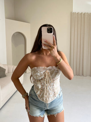 FLEUR Floral Lace Frill Corset Top In Nude