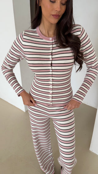 PRE ORDER EVERLY Knitted Button Cardigan & Wide Leg Trouser Lounge Set In Strawberry Swirl