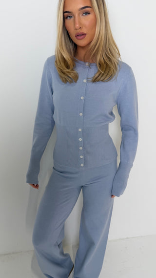 EVERLY Knitted Button Cardigan & Wide Leg Trouser Lounge Set In Blueberry