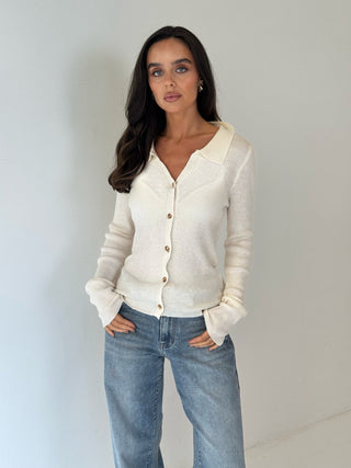 ELEANOR Ribbed Knit Button Up Long Sleeved Top In Cream