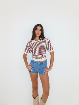 MINA Knit Striped Collared Button Short Sleeve Sweater Top In Multi