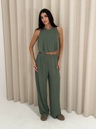 MARA Ribbed Sleeveless Top and Wide-Leg Trouser Set in Khaki