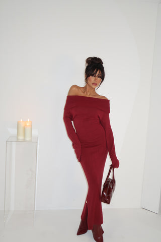 SLOANE Knitted Bardot Maxi Dress in Berry